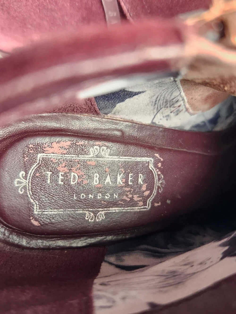 TED BAKER Womens Hiharu Ankle Boot 9 EU 40 Burgundy Wood Heel Back Zip Rose Gold